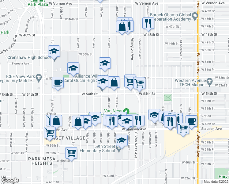 map of restaurants, bars, coffee shops, grocery stores, and more near 2418 West 54th Street in Los Angeles