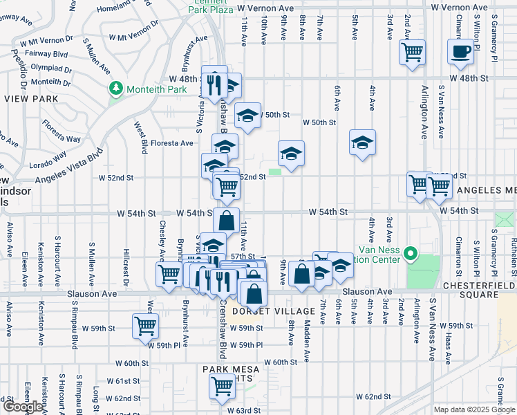 map of restaurants, bars, coffee shops, grocery stores, and more near 5400 11th Avenue in Los Angeles