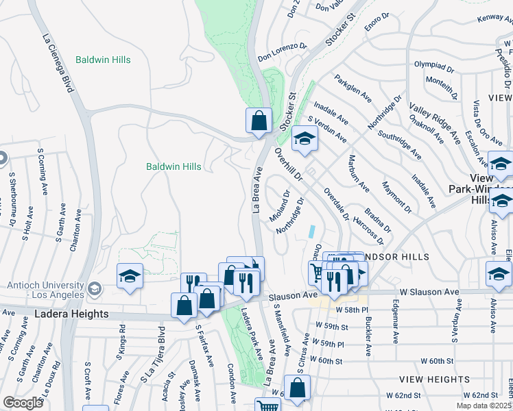 map of restaurants, bars, coffee shops, grocery stores, and more near 4697 Northridge Drive in View Park-Windsor Hills
