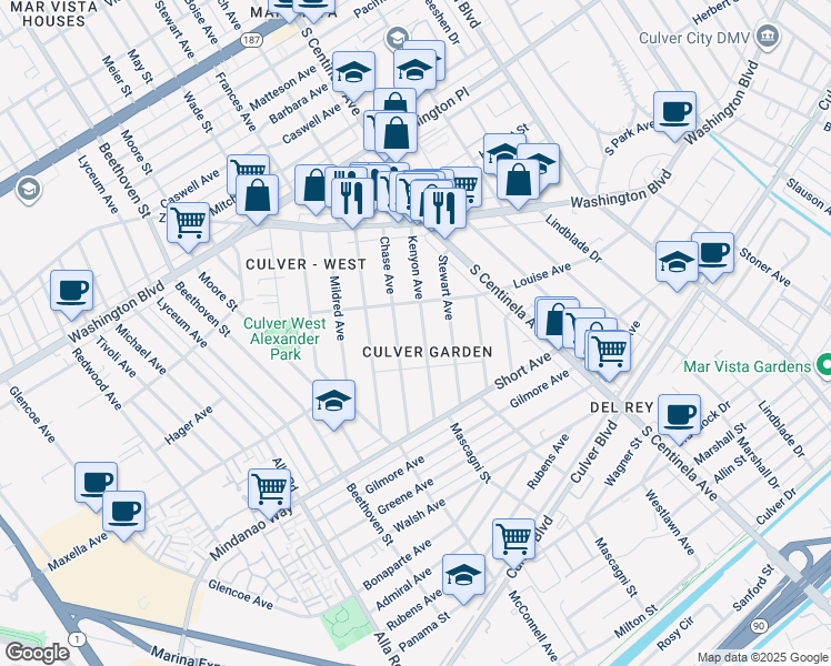 map of restaurants, bars, coffee shops, grocery stores, and more near 4246 Chase Avenue in Los Angeles