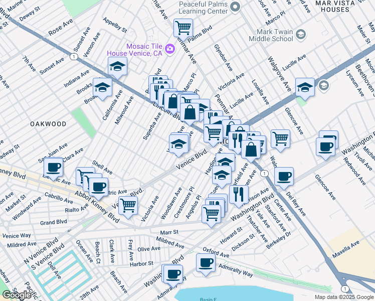 map of restaurants, bars, coffee shops, grocery stores, and more near 847 North Venice Boulevard in Los Angeles