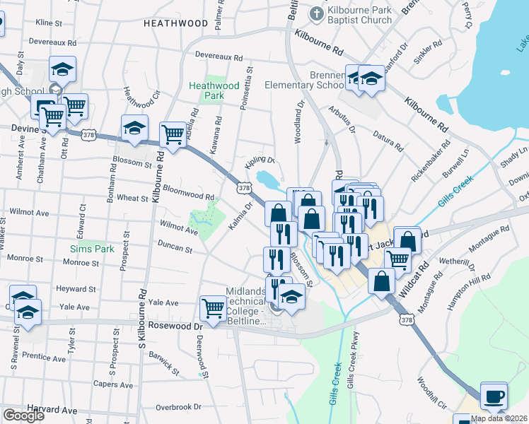 map of restaurants, bars, coffee shops, grocery stores, and more near 4212 Devine Street in Columbia