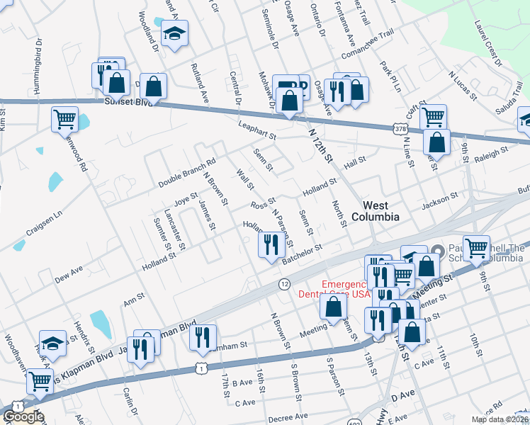 map of restaurants, bars, coffee shops, grocery stores, and more near 1580 Holland Street in West Columbia