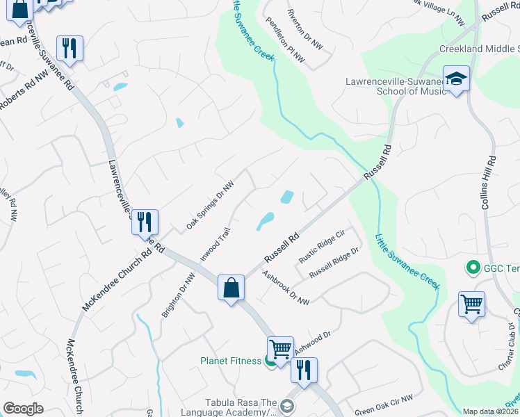 map of restaurants, bars, coffee shops, grocery stores, and more near 1622 Leaf Wood Court in Lawrenceville