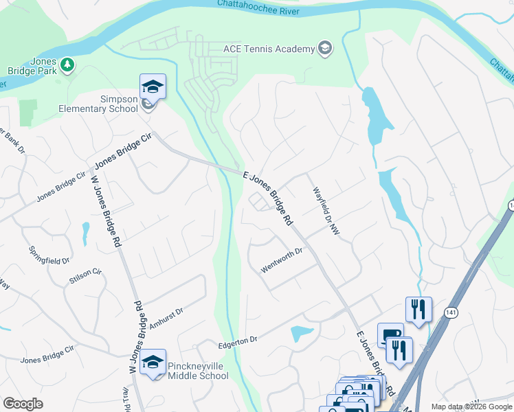 map of restaurants, bars, coffee shops, grocery stores, and more near 5153 Creek Walk Circle Northwest in Norcross