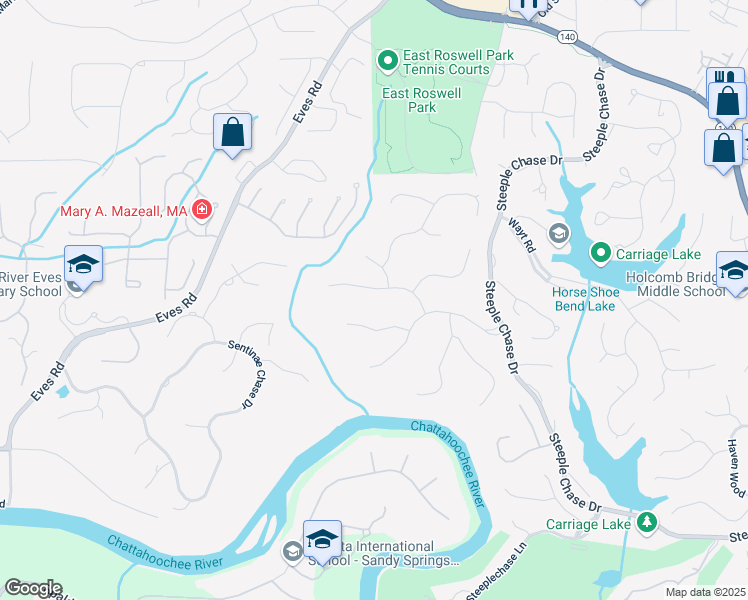 map of restaurants, bars, coffee shops, grocery stores, and more near 250 Chason Wood Way in Roswell