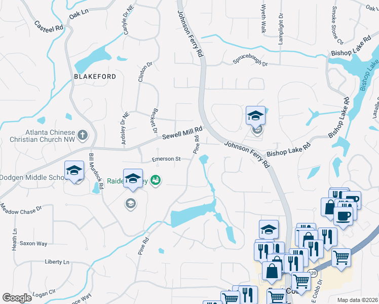 map of restaurants, bars, coffee shops, grocery stores, and more near 1770 Pine Road in Marietta