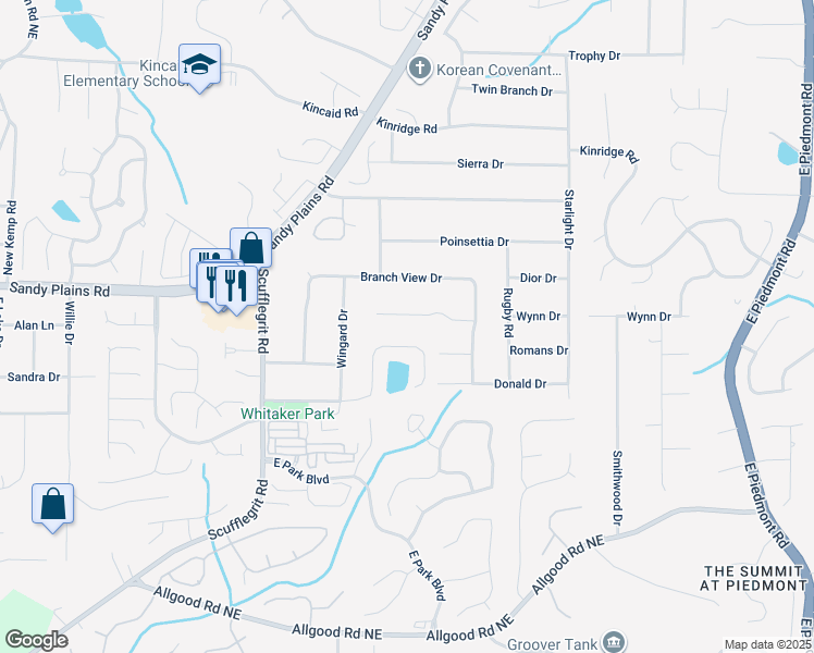 map of restaurants, bars, coffee shops, grocery stores, and more near 1768 San Andra Drive in Marietta