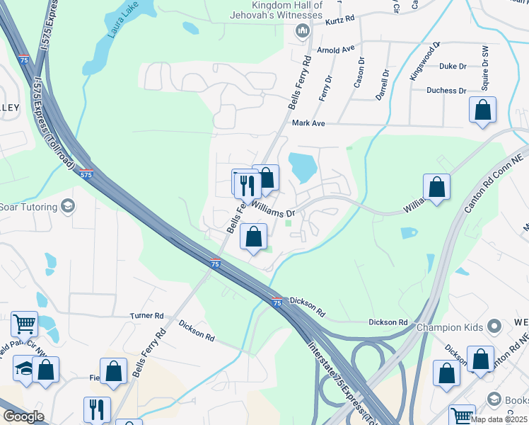 map of restaurants, bars, coffee shops, grocery stores, and more near 1758 Bridgestone Court in Marietta