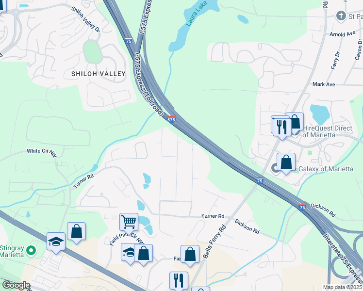 map of restaurants, bars, coffee shops, grocery stores, and more near 1696 Lancaster Drive in Marietta