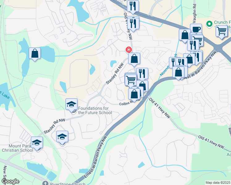 map of restaurants, bars, coffee shops, grocery stores, and more near 1692 Woodsford Road in Kennesaw
