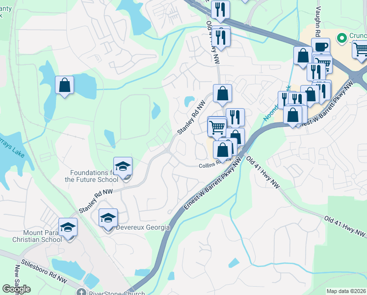 map of restaurants, bars, coffee shops, grocery stores, and more near 1804 Heights Circle in Kennesaw