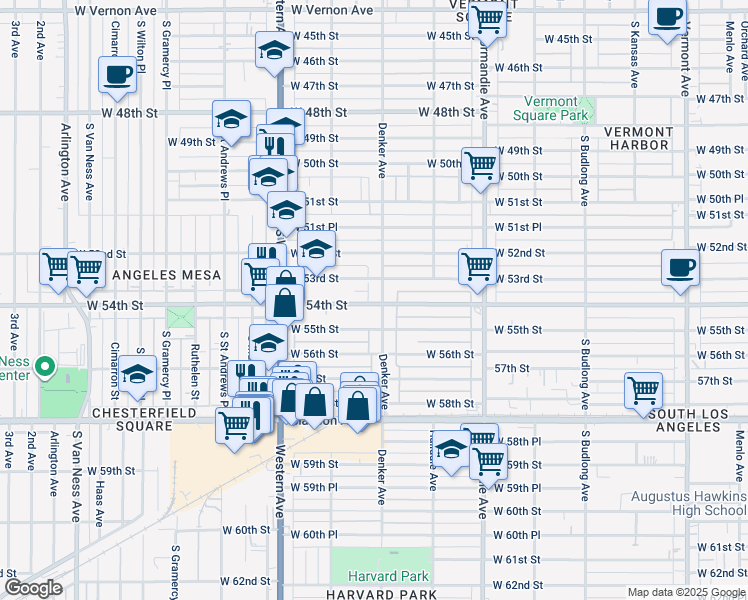 map of restaurants, bars, coffee shops, grocery stores, and more near 5401 Denker Avenue in Los Angeles