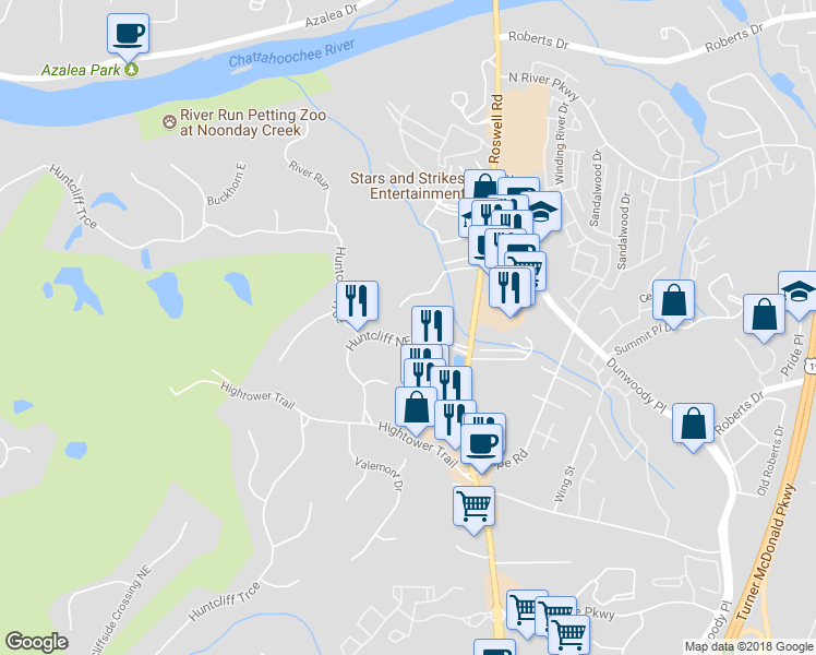 map of restaurants, bars, coffee shops, grocery stores, and more near 1034 Huntcliff Northeast in Atlanta