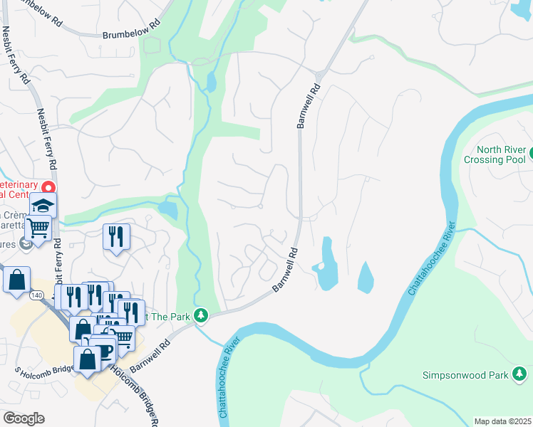 map of restaurants, bars, coffee shops, grocery stores, and more near 160 Fairway Ridge Drive in Alpharetta