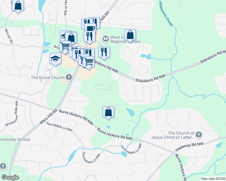 map of restaurants, bars, coffee shops, grocery stores, and more near 1722 Rose Hedge Way Northwest in Kennesaw