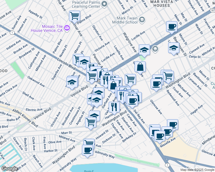 map of restaurants, bars, coffee shops, grocery stores, and more near 2469 Lincoln Boulevard in Los Angeles
