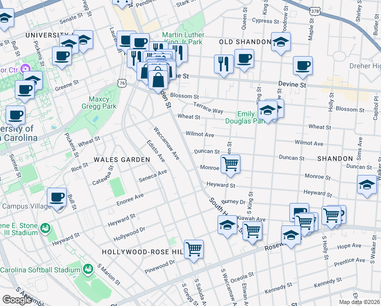 map of restaurants, bars, coffee shops, grocery stores, and more near 300 Harden Street in Columbia