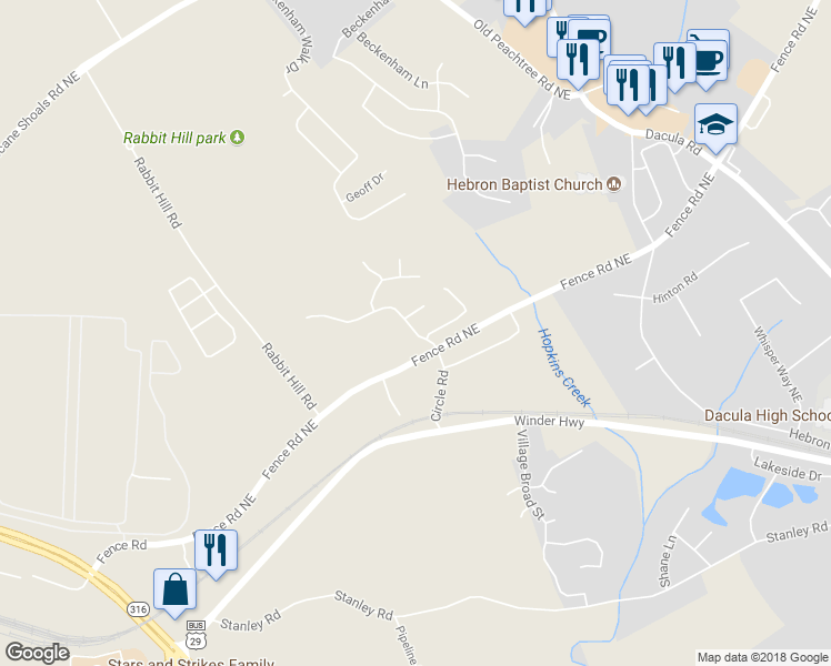 map of restaurants, bars, coffee shops, grocery stores, and more near 185 Circle Road in Dacula