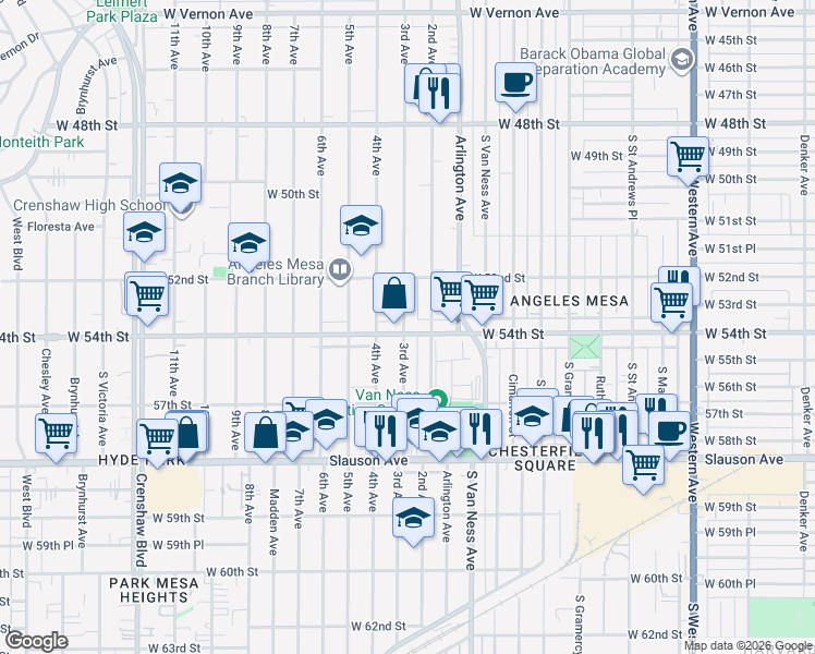 map of restaurants, bars, coffee shops, grocery stores, and more near 2418 West 54th Street in Los Angeles