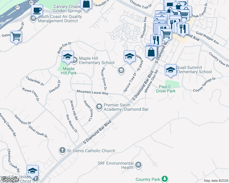 map of restaurants, bars, coffee shops, grocery stores, and more near 22822 Mountain Laurel Way in Diamond Bar