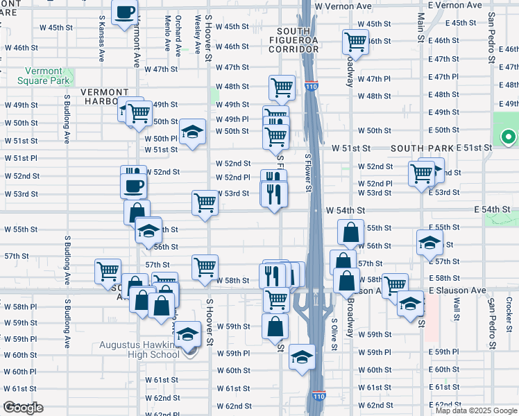 map of restaurants, bars, coffee shops, grocery stores, and more near 535 West 54th Street in Los Angeles