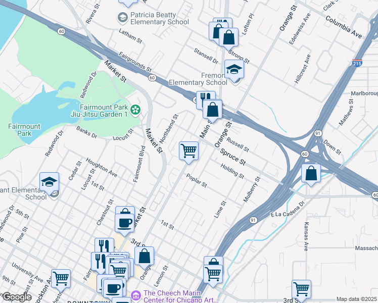 map of restaurants, bars, coffee shops, grocery stores, and more near 2523 Main Street in Riverside