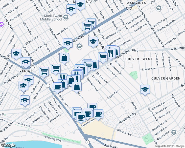 map of restaurants, bars, coffee shops, grocery stores, and more near 4017 Tivoli Avenue in Los Angeles