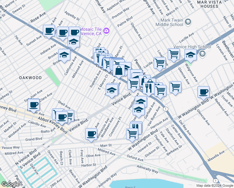 map of restaurants, bars, coffee shops, grocery stores, and more near 2209 Marian Place in Los Angeles