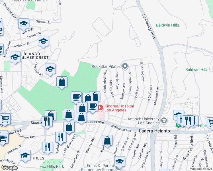 map of restaurants, bars, coffee shops, grocery stores, and more near 5334 Shenandoah Avenue in Los Angeles
