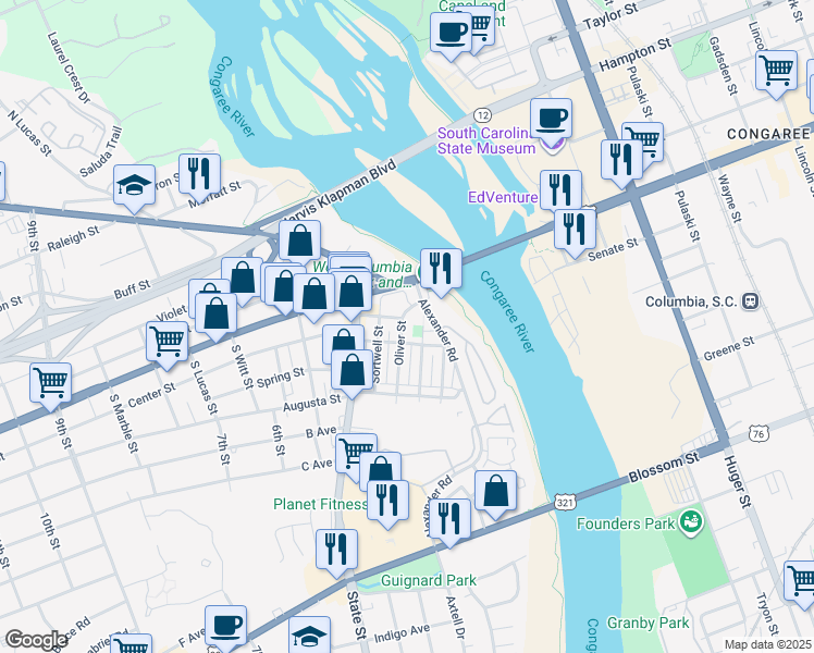 map of restaurants, bars, coffee shops, grocery stores, and more near 213 Oliver Street in West Columbia
