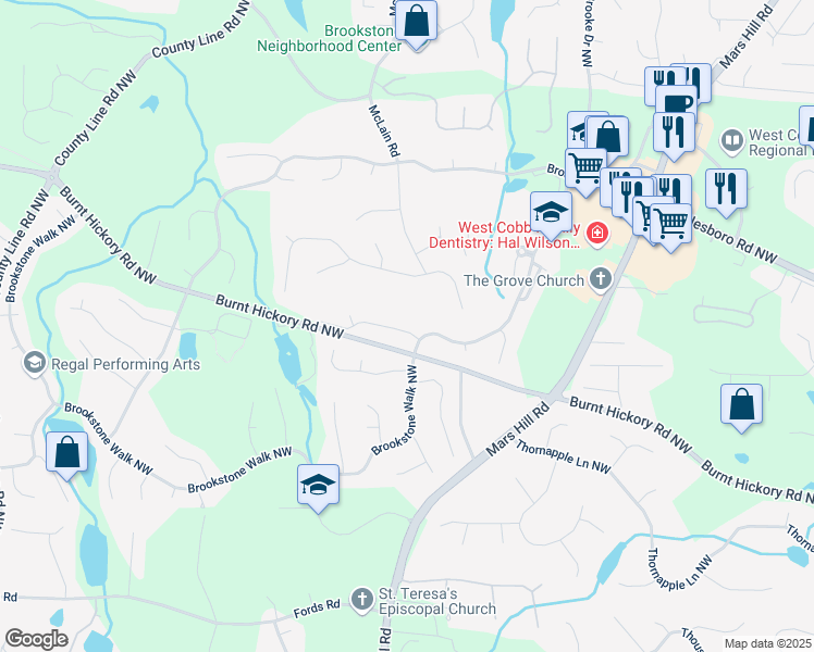 map of restaurants, bars, coffee shops, grocery stores, and more near 5702 Brynwood Circle in Acworth