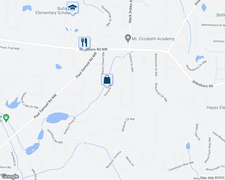 map of restaurants, bars, coffee shops, grocery stores, and more near 1728 Victoria Way Northwest in Kennesaw