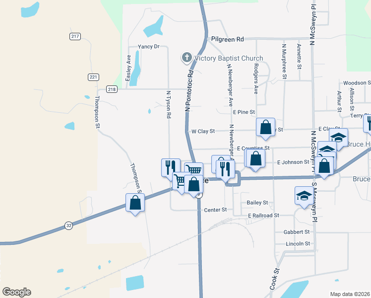 map of restaurants, bars, coffee shops, grocery stores, and more near 117 North Pontotoc Road in Bruce