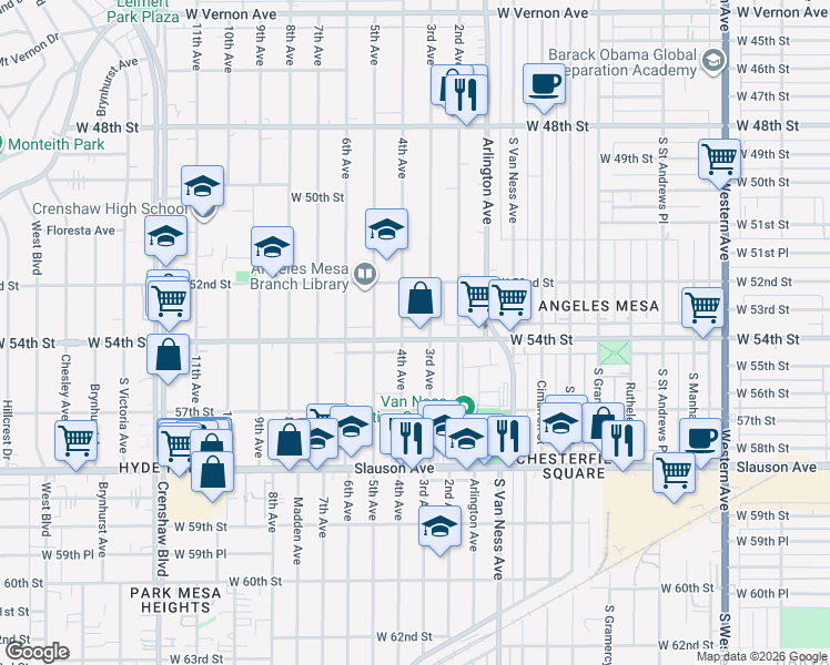 map of restaurants, bars, coffee shops, grocery stores, and more near 2517 West 54th Street in Los Angeles