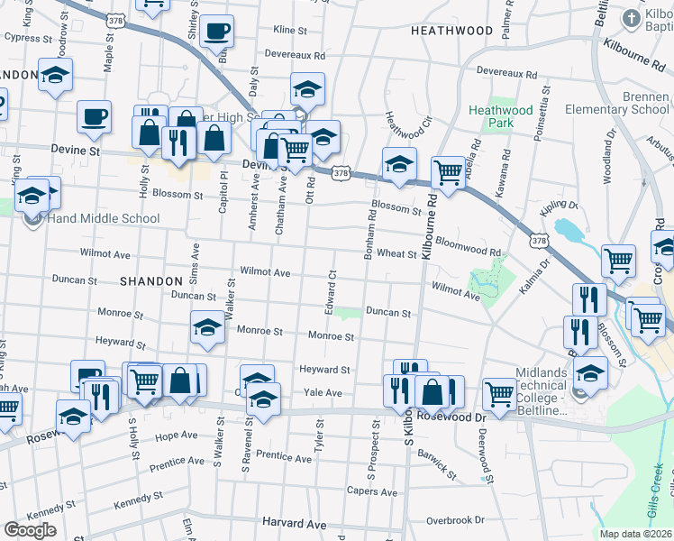 map of restaurants, bars, coffee shops, grocery stores, and more near 3501 Wilmot Avenue in Columbia