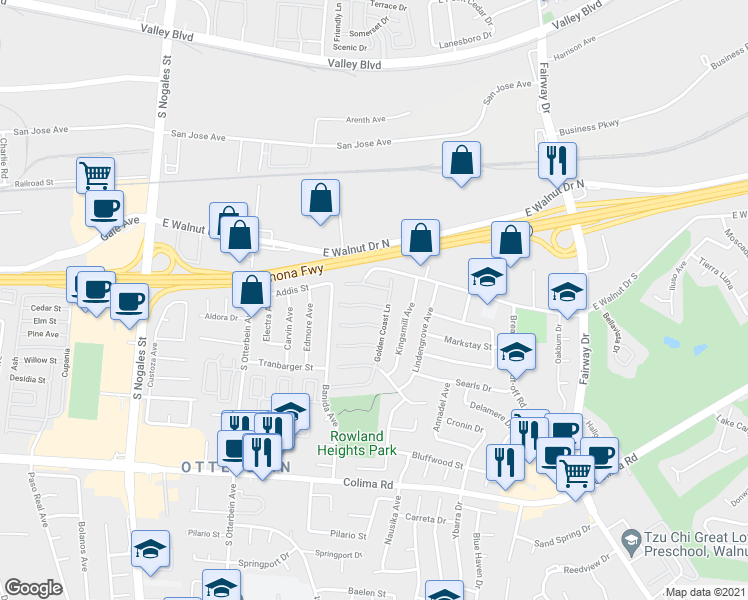 map of restaurants, bars, coffee shops, grocery stores, and more near 19381 Heritage Place in Rowland Heights