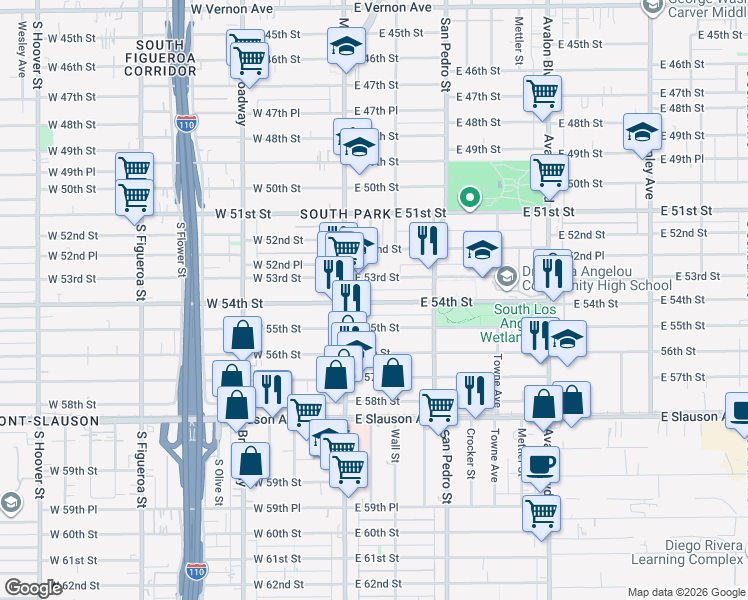map of restaurants, bars, coffee shops, grocery stores, and more near 154 East 54th Street in Los Angeles