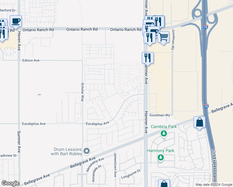 map of restaurants, bars, coffee shops, grocery stores, and more near Clifton Avenue in Ontario