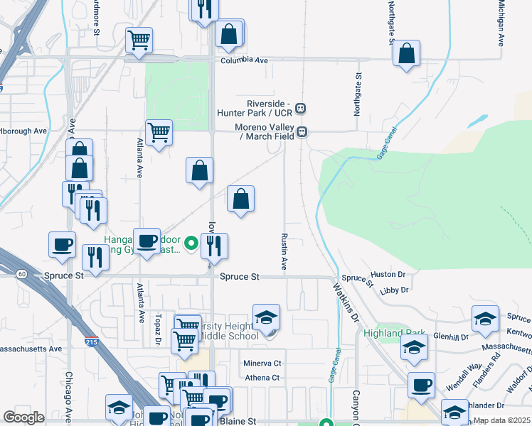 map of restaurants, bars, coffee shops, grocery stores, and more near 2085 Rustin Avenue in Riverside