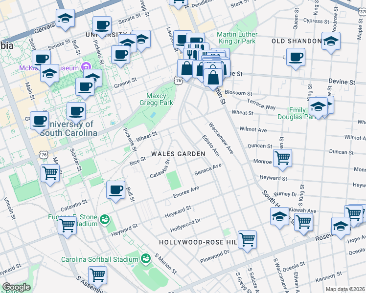 map of restaurants, bars, coffee shops, grocery stores, and more near 312 Wateree Avenue in Columbia