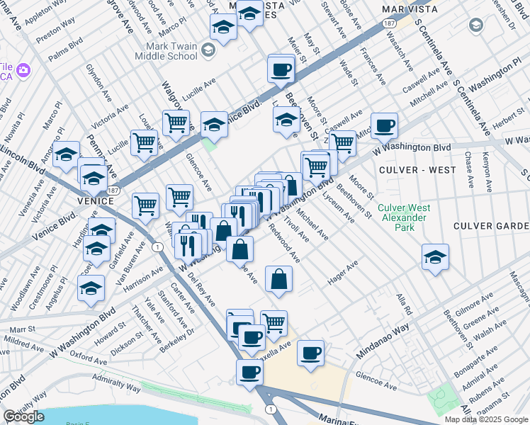 map of restaurants, bars, coffee shops, grocery stores, and more near 13223 West Washington Boulevard in Los Angeles