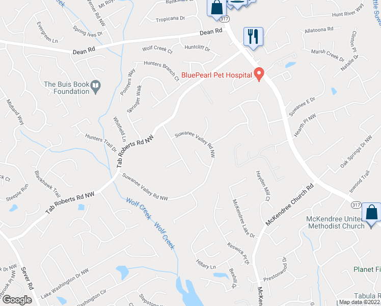 map of restaurants, bars, coffee shops, grocery stores, and more near 1860 Suwanee Ridge Court Northwest in Lawrenceville