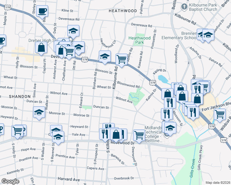 map of restaurants, bars, coffee shops, grocery stores, and more near 3729 S-40-157 in Columbia