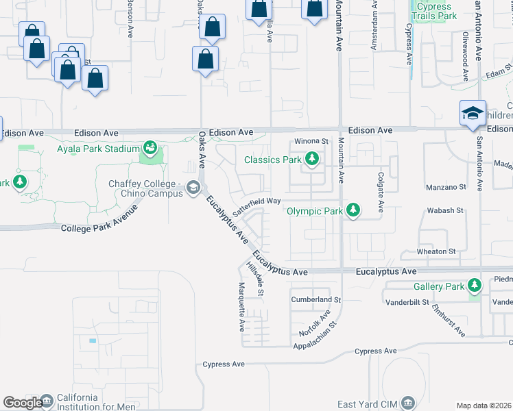 map of restaurants, bars, coffee shops, grocery stores, and more near 6053 Satterfield Way in Chino