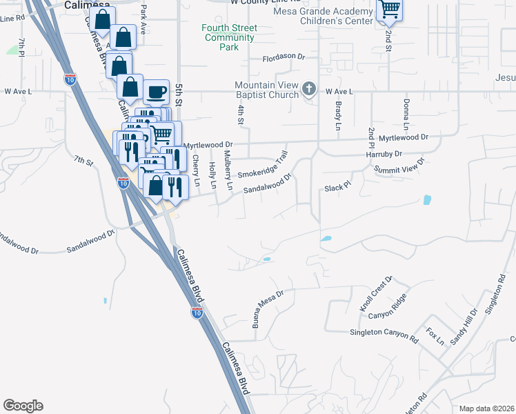 map of restaurants, bars, coffee shops, grocery stores, and more near 1270 Nugget Court in Calimesa