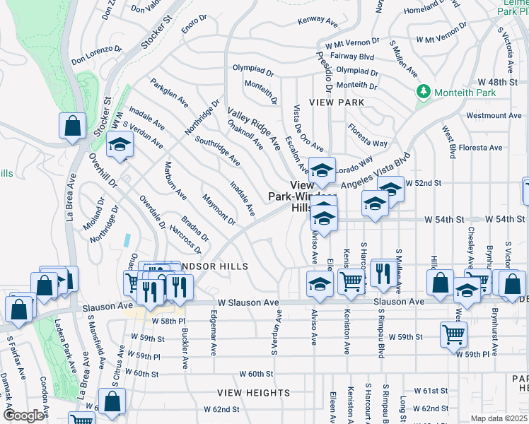 map of restaurants, bars, coffee shops, grocery stores, and more near 5434 Angeles Vista Boulevard in View Park-Windsor Hills
