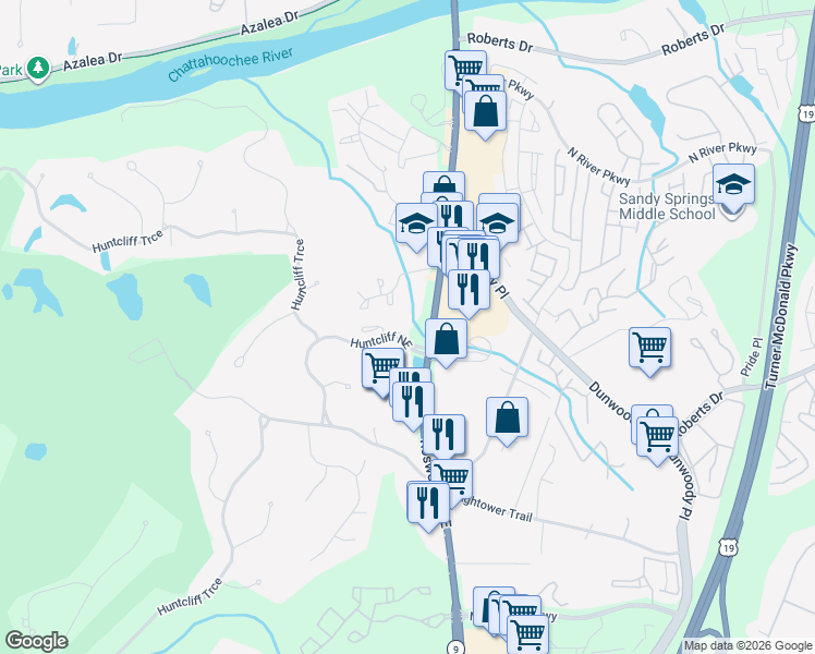 map of restaurants, bars, coffee shops, grocery stores, and more near 1010 Huntcliff in Atlanta