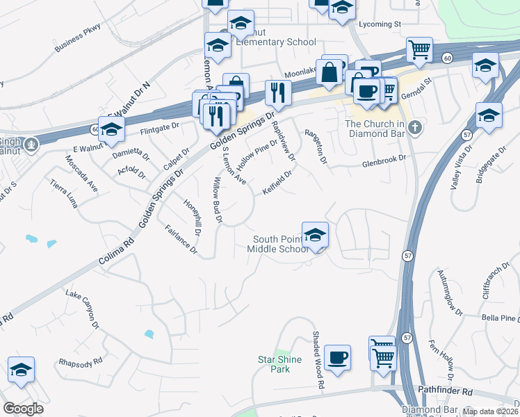 map of restaurants, bars, coffee shops, grocery stores, and more near 1444 South Lemon Avenue in Walnut