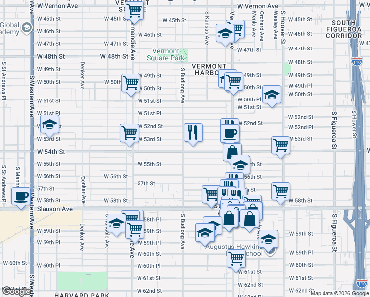 map of restaurants, bars, coffee shops, grocery stores, and more near 1159 West 54th Street in Los Angeles